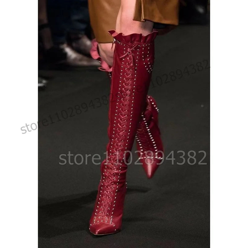 Red Ruffled Rivet Strappy Pointed Toe High Heel Boots For Women