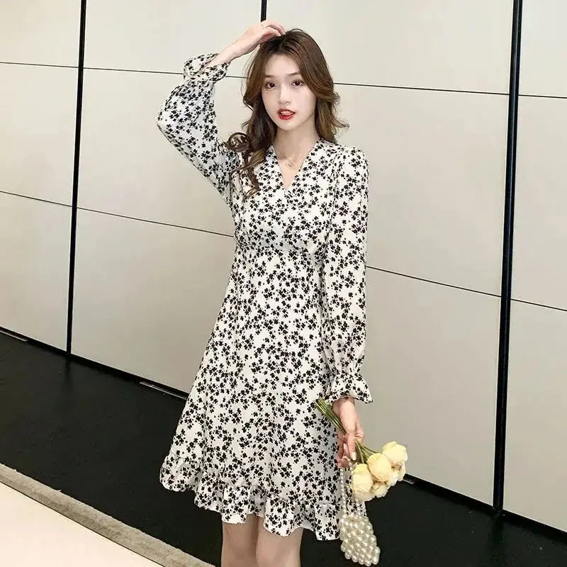 Floral Woman Long Sleeve Dress Chic And Elegant Pretty High Quality Flower Luxury Outfits Casual Youth Midi Dresses for Women