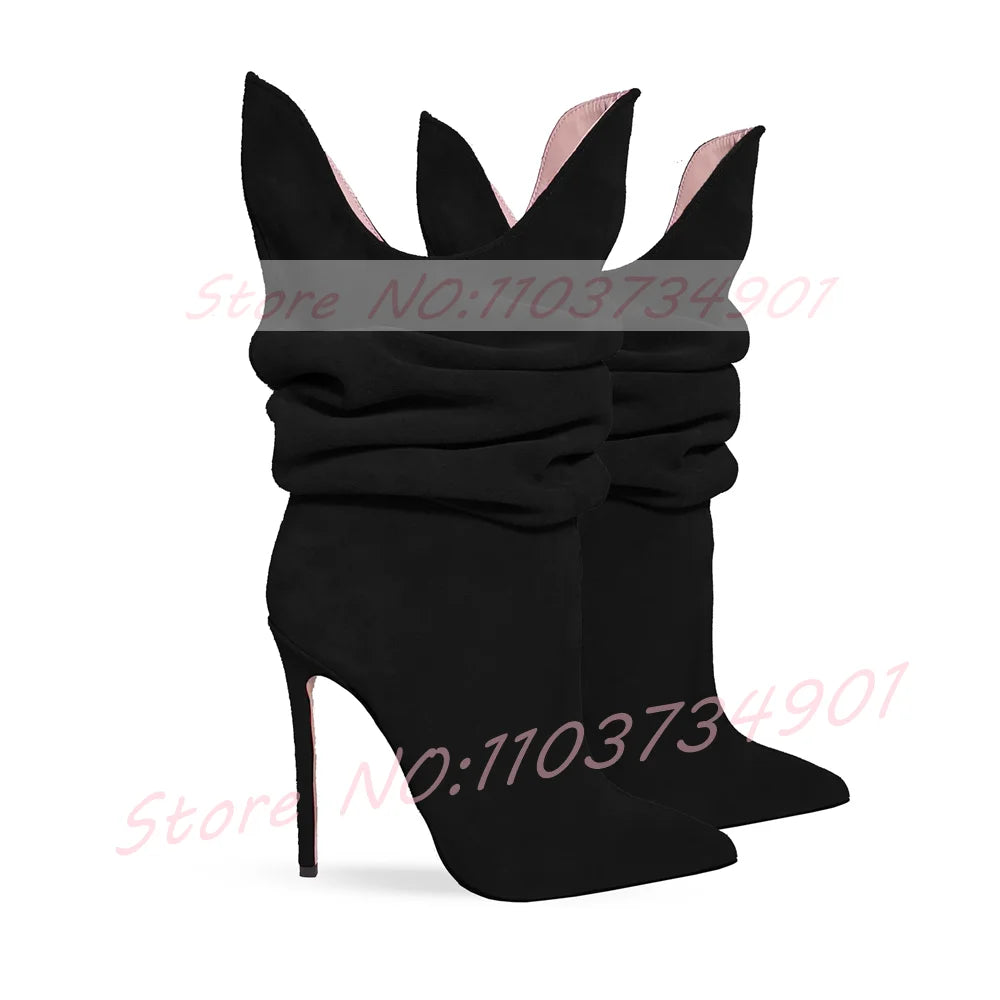 Fuchsia Pleated Pointy Toe High Heel Suede Ankle Boots For Women