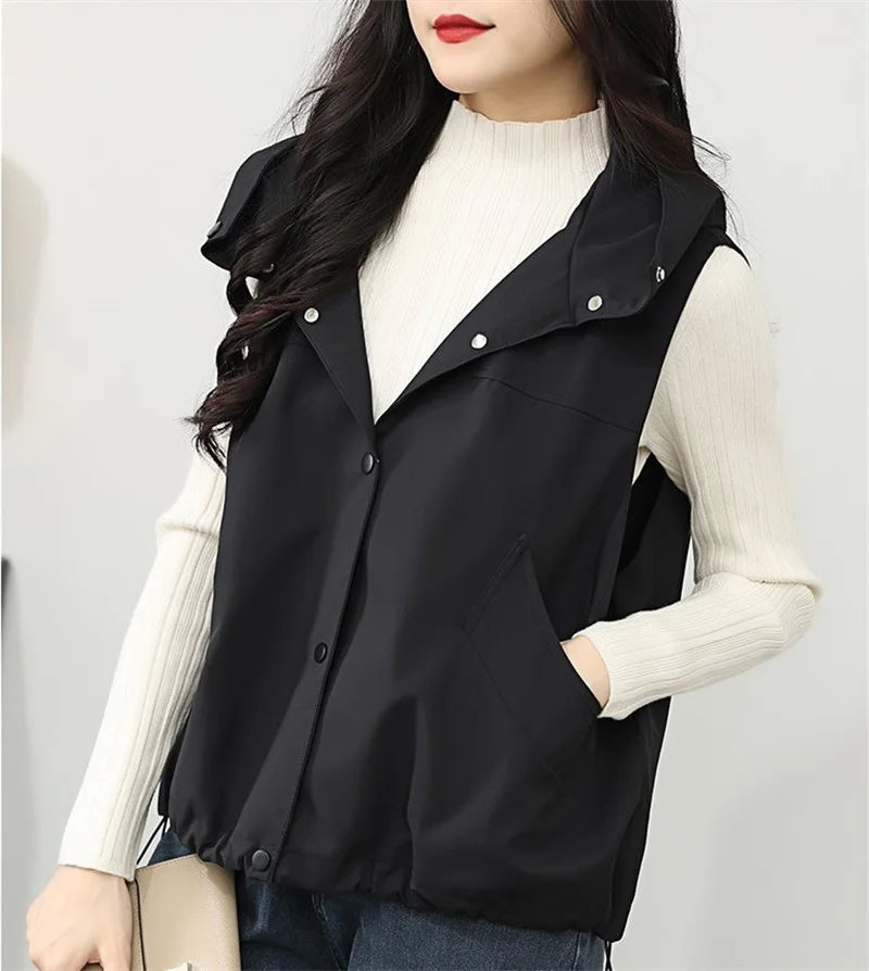 Casual Single Breasted Hooded Sleeveless Vest For Women