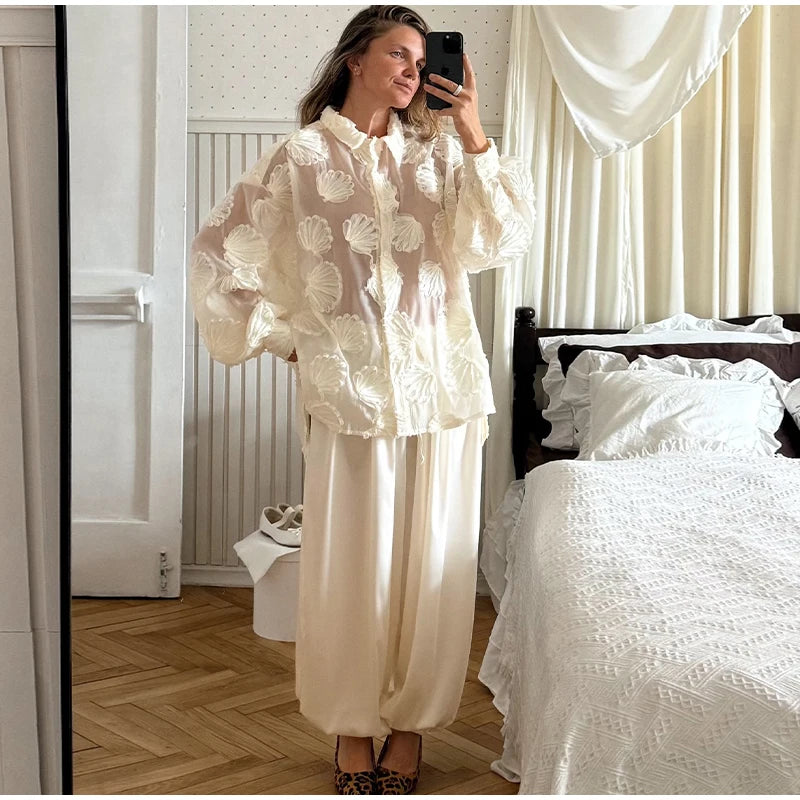 Elegant 3D Flower Lapel Long Sleeve Shirt for Women