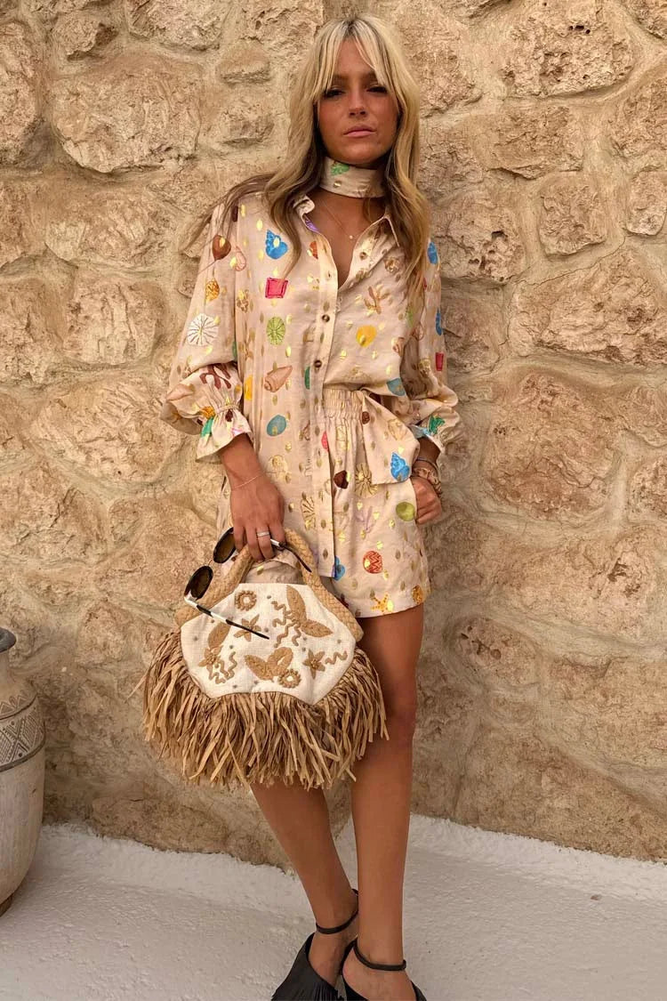 Printed Loose Lapel Long Sleeve Shirt Shorts Two Piece Set For Women