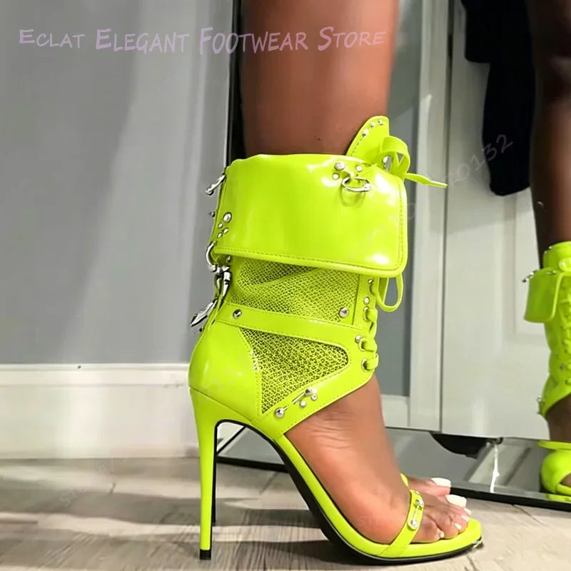 Dark Green Studded Stiletto Sandals With Buckle Ankle Strap For Women