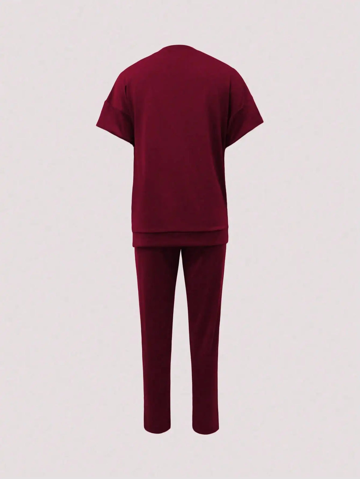 New Spring and Summer Ladies' Set: Comfortable Solid-Color Short-Sleeve Top with Elastic Waist Pocketed Long Pants Two-Piece Set, Soft Stretch Polyester-Acrylic Fabric
