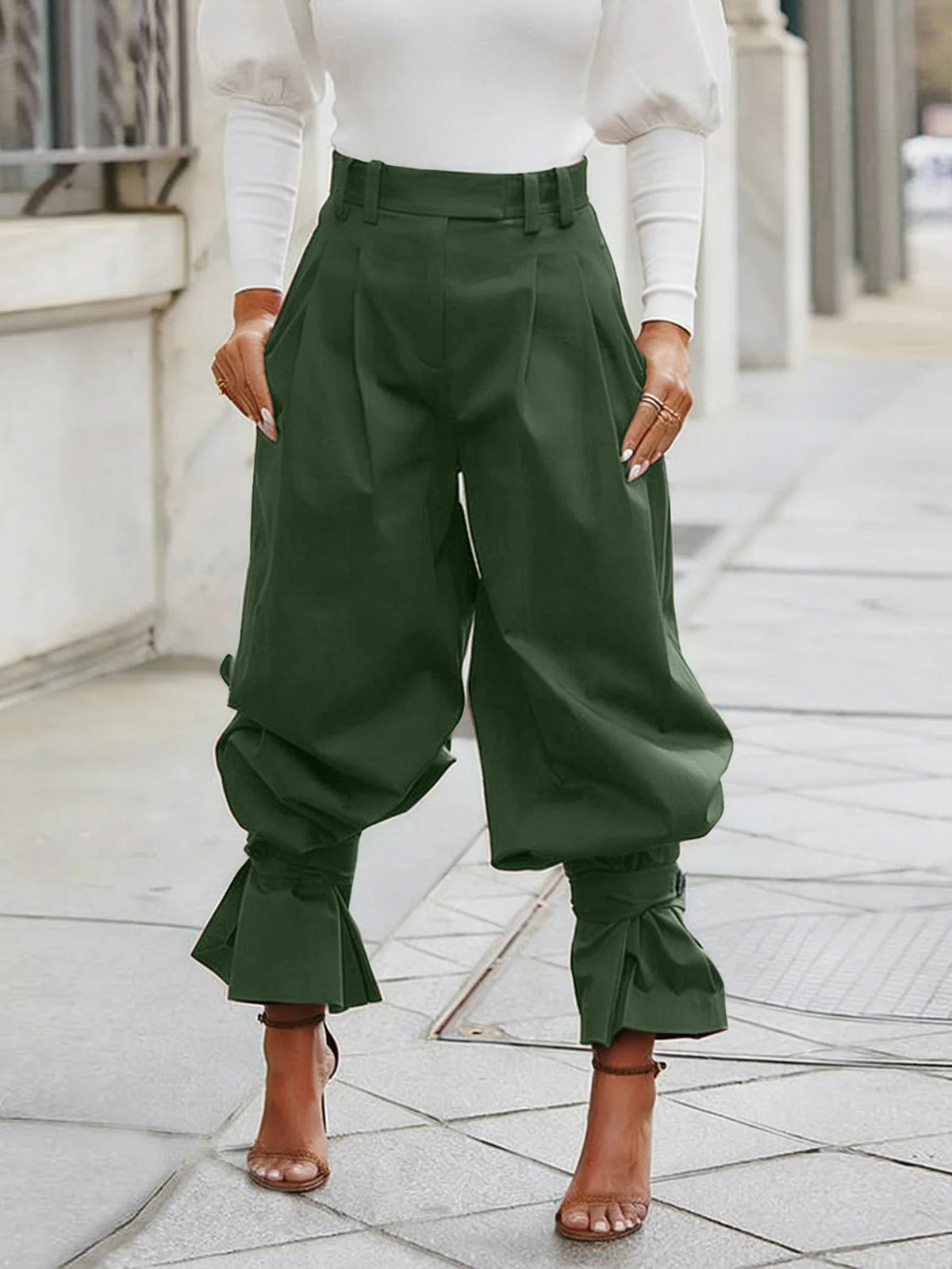 Ruched Stretch Wide Leg Casual Work Trousers for Women