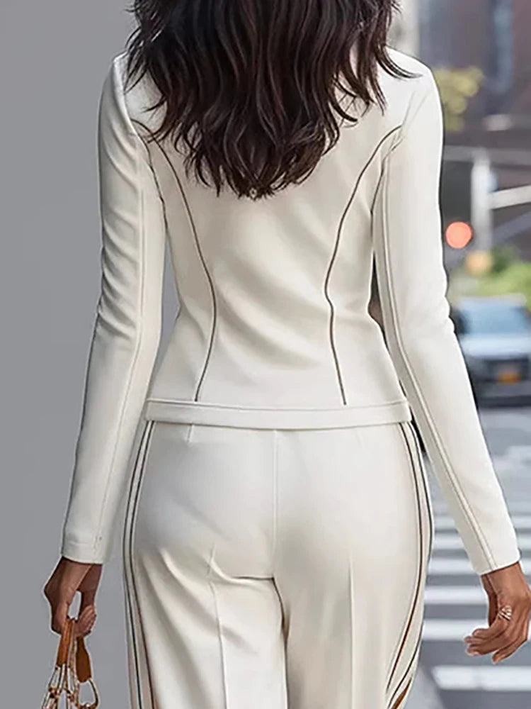 Patchwork Long Sleeve Pullover and Wide Leg Pants Set for Women