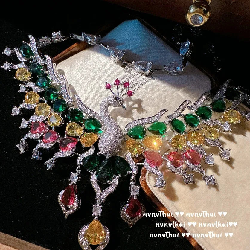 Sparkling Peacock Zircon Necklace and Earring Set for Women