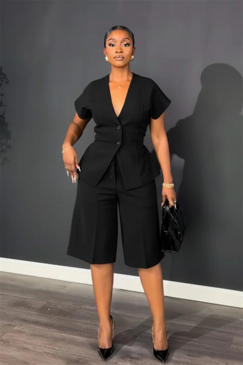 Elegant Workwear Two Piece Set with V Neck Top and Knee Length Shorts for Women