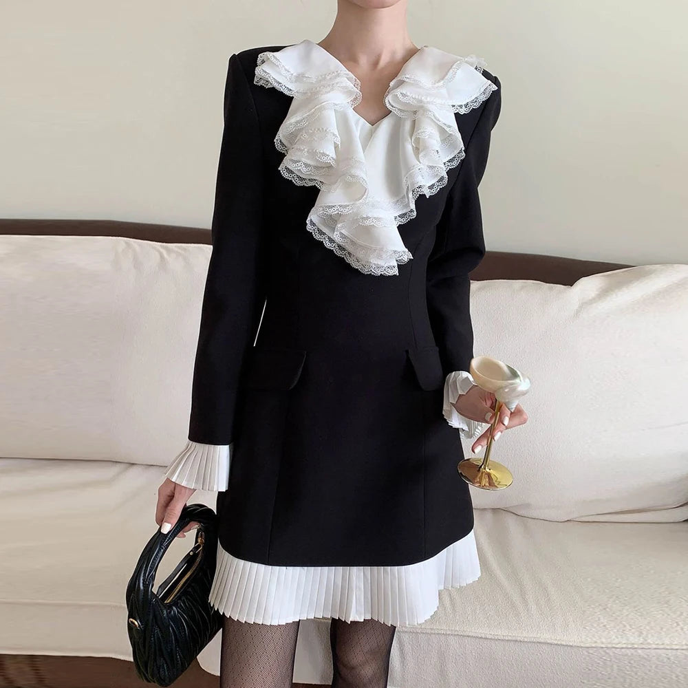 Cascading Ruffle Leaf Edge Collar Midi Dress for Women
