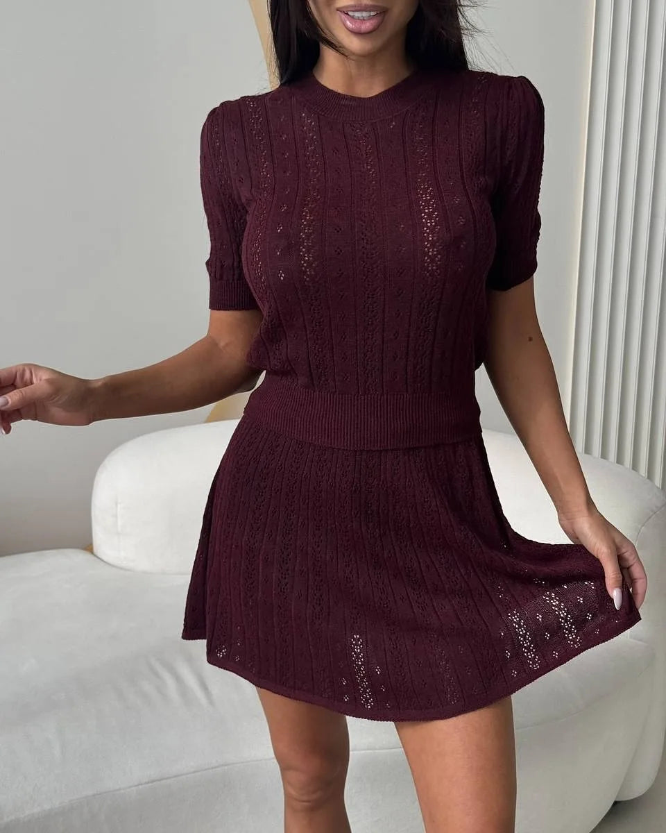 Hollow Out Knit Sweater And Mini Skirt Set for Women