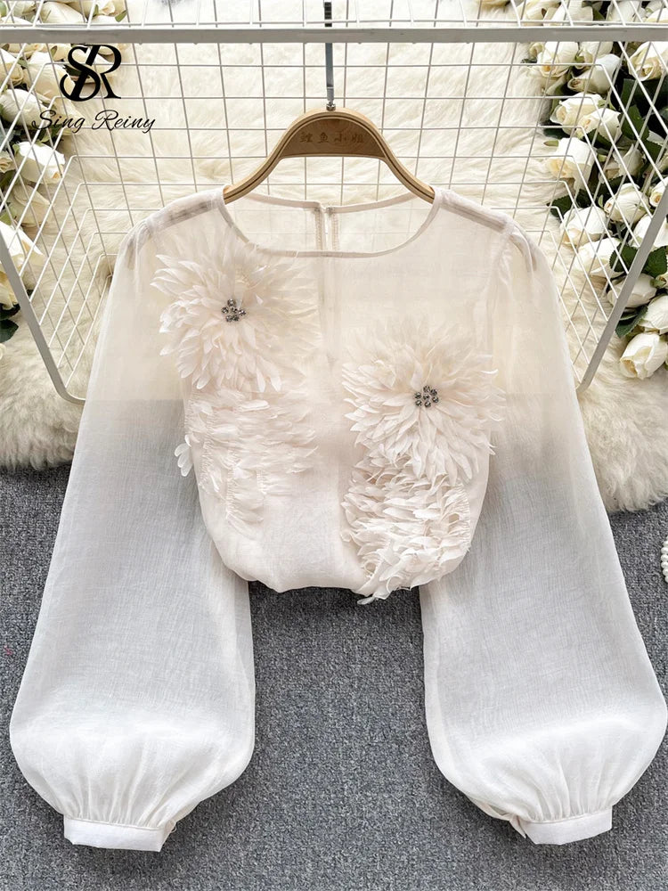Sheer Floral Bohemian Long Sleeve Satin Blouse for Women