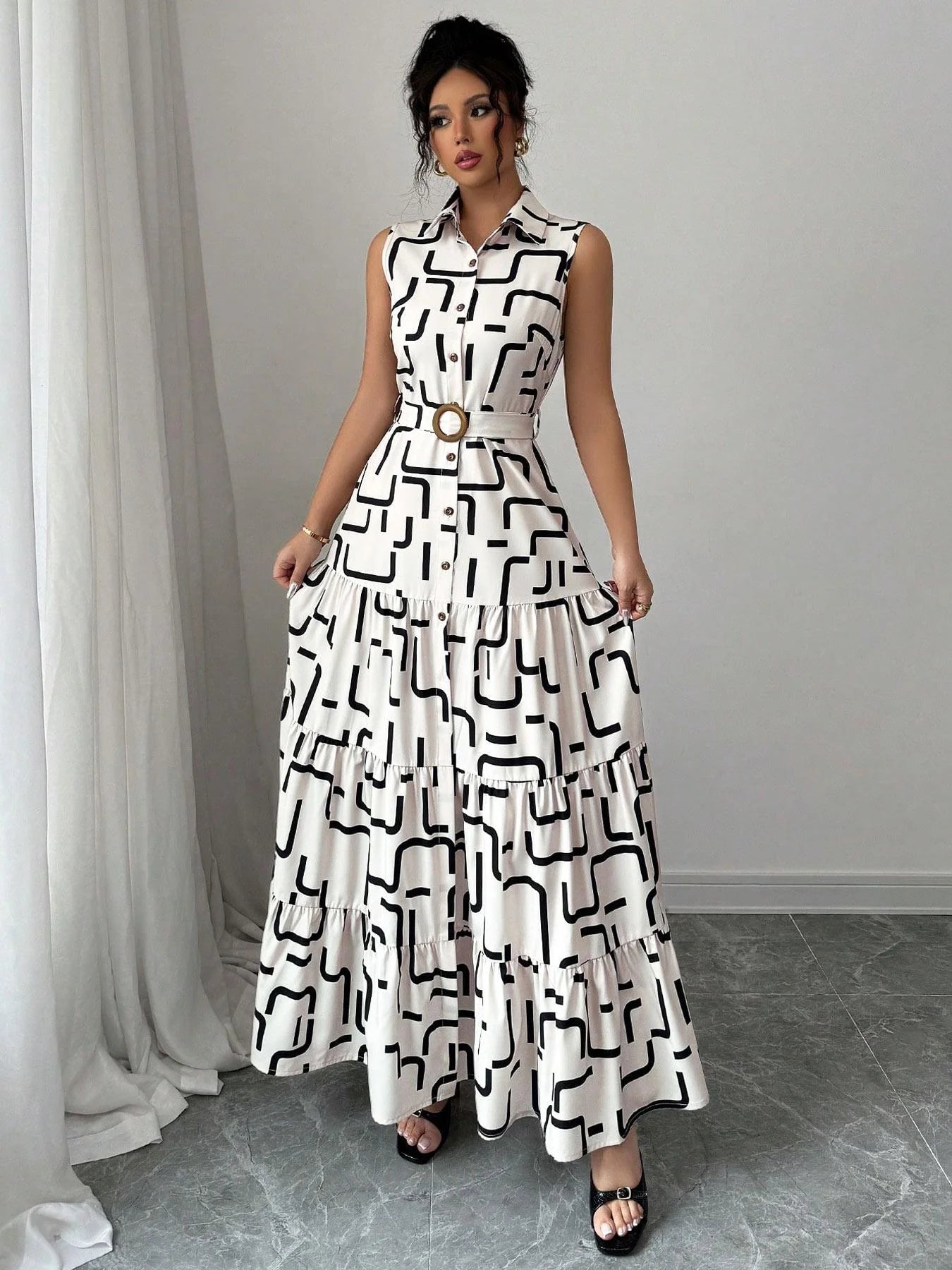 Casual Dress With Lightweight Polyester Fabric V-Neck Midi Length For Spring And Summer Style