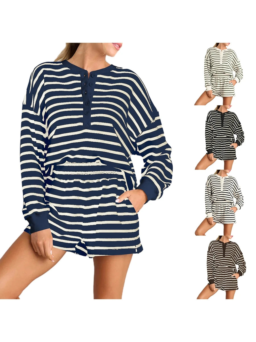 Women'S Striped Long Sleeved Shorts Set Long Sleeved T-Shirt With Elastic Waist Shorts Spring and Autumn Sports Set