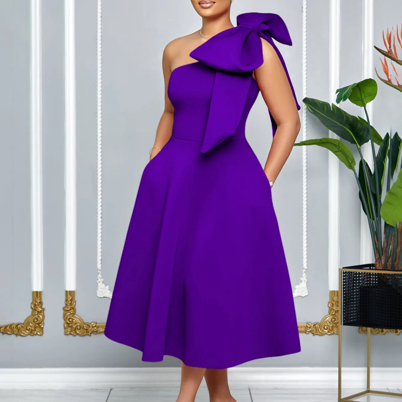Dress One Shoulder A Line Pleated Knee Length Sleeveless Bow Belt Elegant Party Style