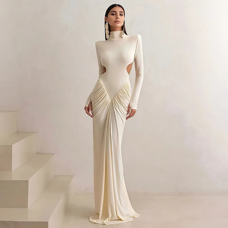 Long Sleeve Backless Ruched Maxi Dress