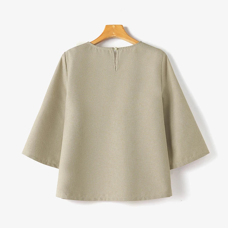 ZANZEA Fashion 3/4 Sleeve Crewneck Blusas Women Solid Blouse Casual Loose Split Cuff Tops 2024 Summer Korean Holiday Tunics