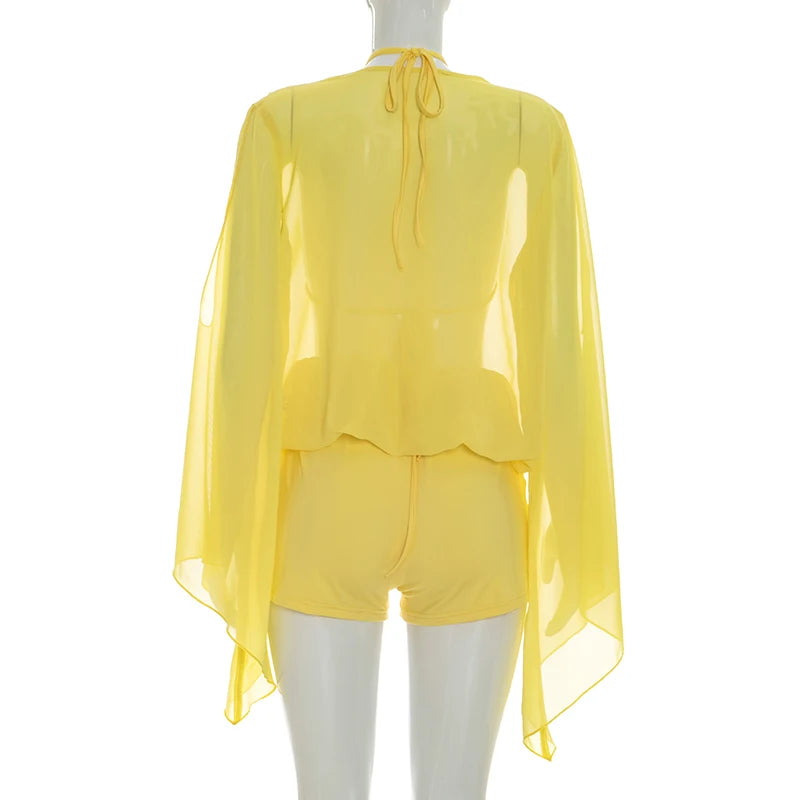 Ruched Elegant Three Piece Set With Halter Tops And Vneck Mesh Tops For Women