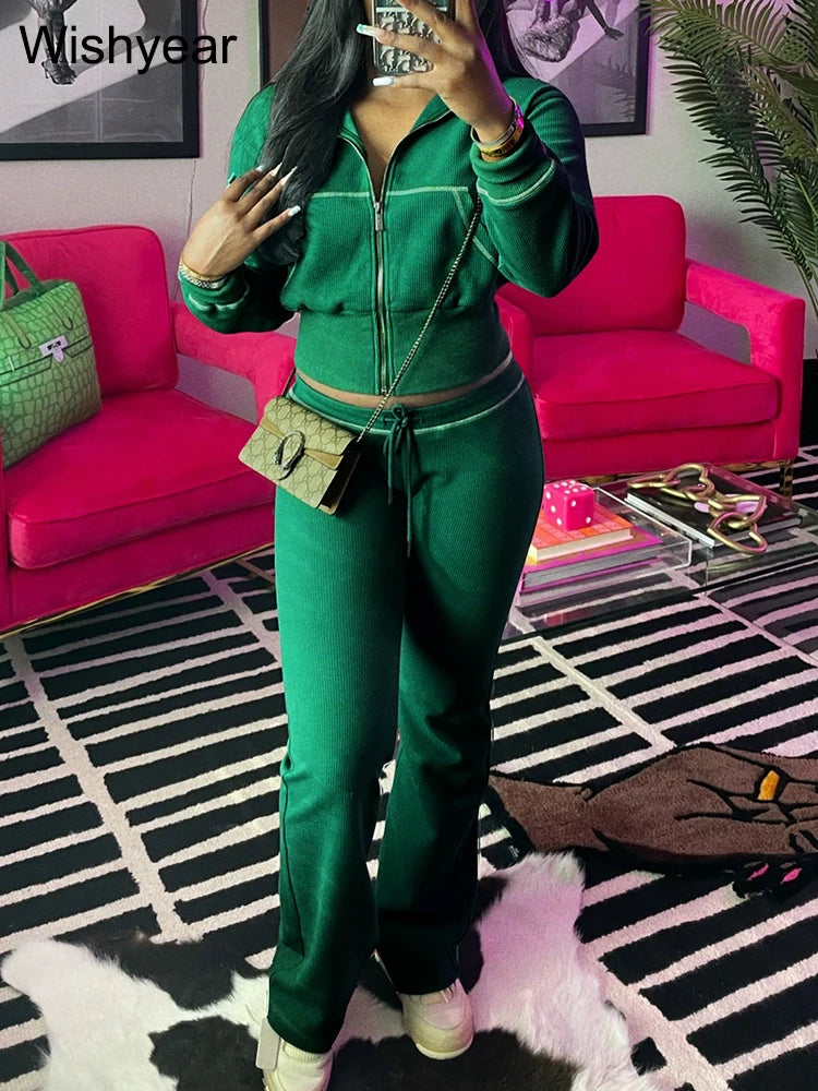 Waffle Knit Two Piece Flared Pants Tracksuit Set for Women