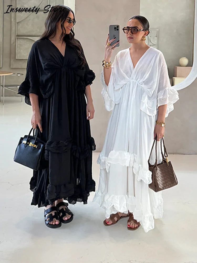 Ruffled V Neck Pleated Ankle Length Dress for Women