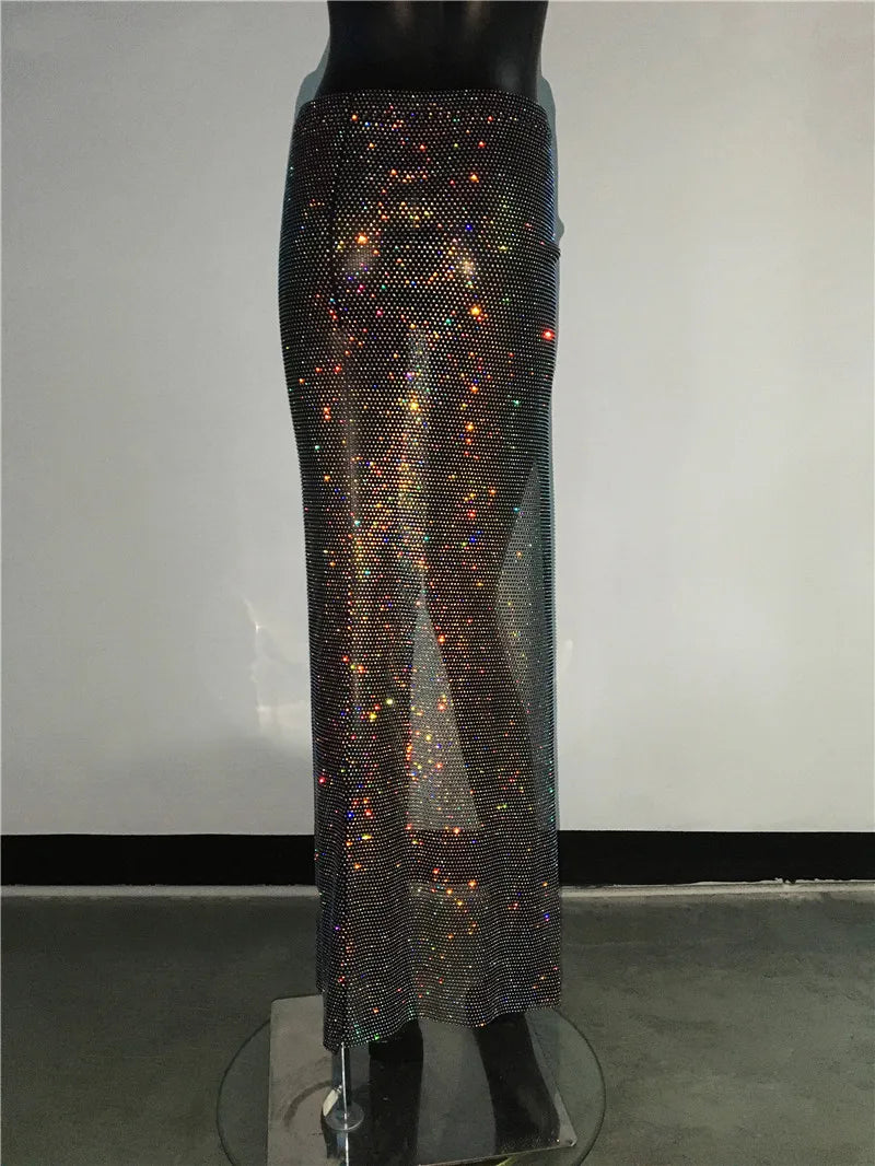 Glitter Rhinestone Long Fishnet Split Skirt for Women