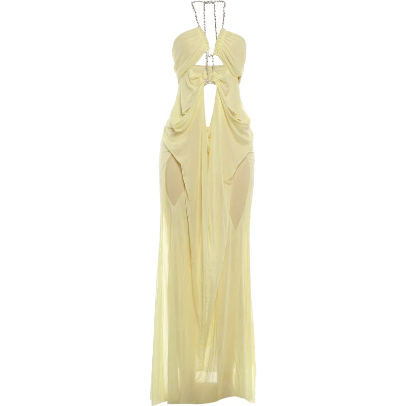 See Through Halter Backless Ruched Patchwork Dress for Women