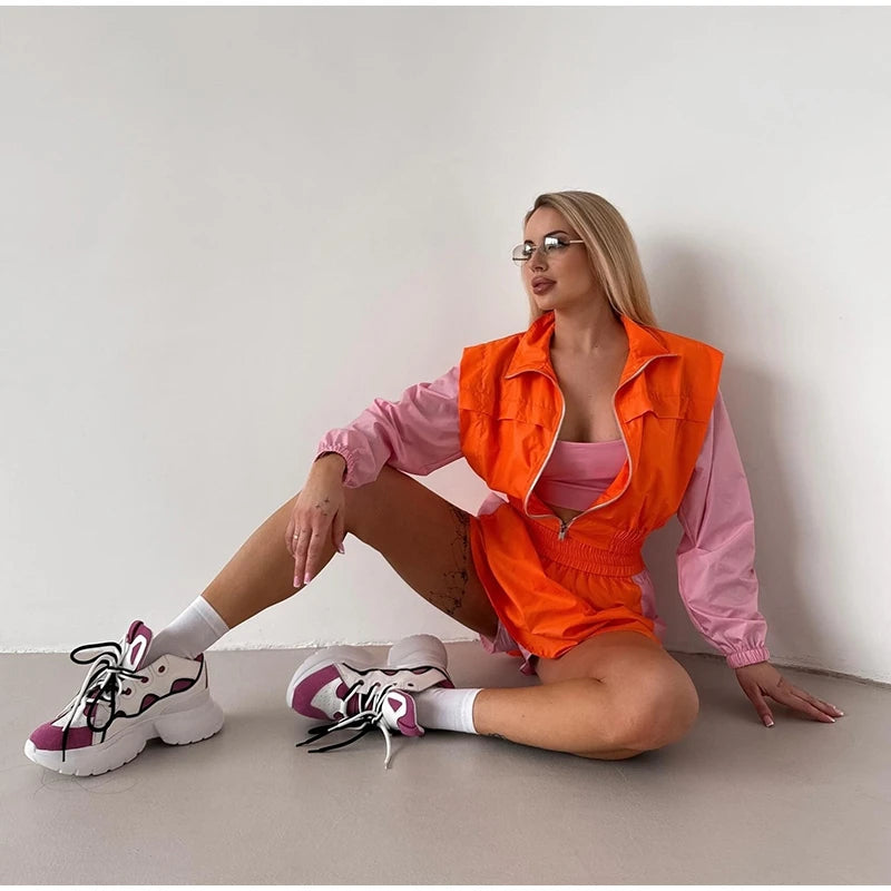 Casual Color Block Long Sleeve Jacket And Mini Skirt Set For Women
