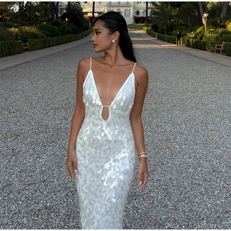Women Sequin Sling Maxi Dress V-neck Solid Backless High Waist Sleeveless Dresses 2025 Fashion New Summer Lady Party Robes