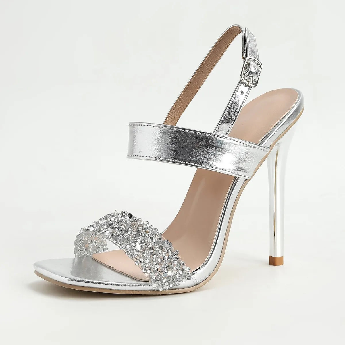 Silver Stiletto Peep Toe Crystal Heels
