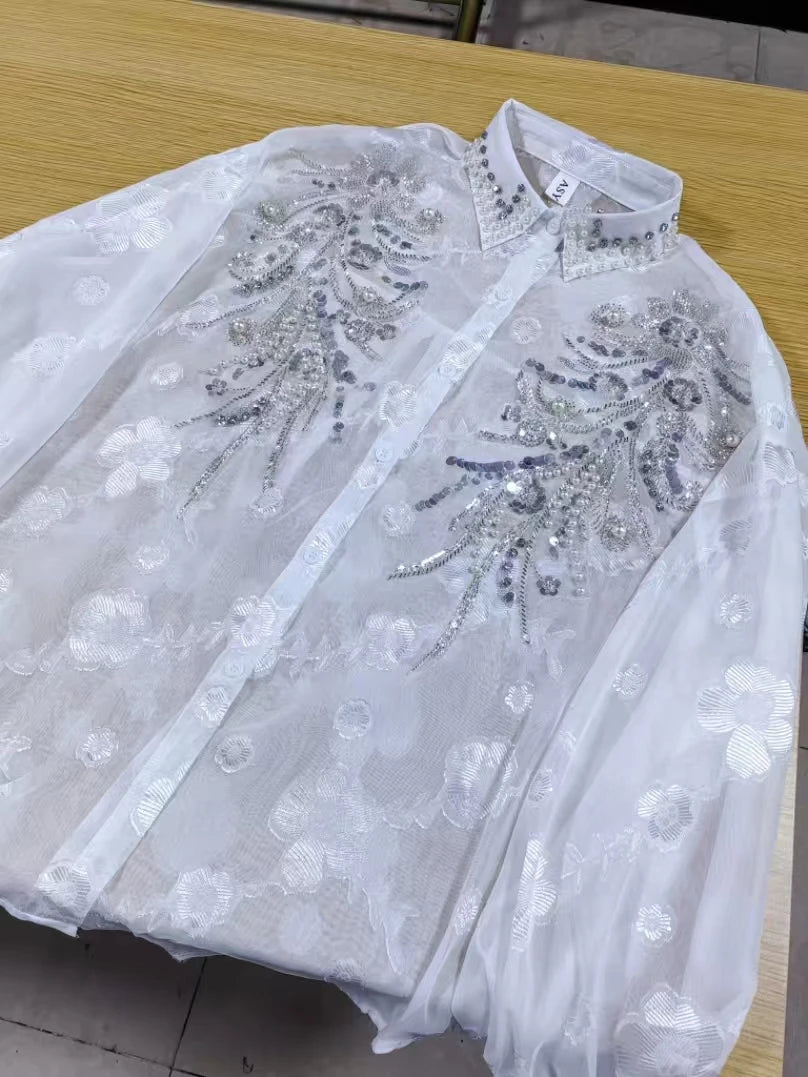 Elegant Embroidered Pearl Sequin Lantern Sleeve Blouse for Women