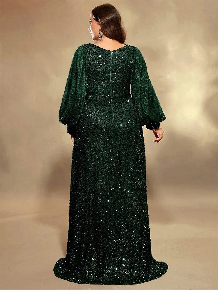 Plus Size V Neck Sequin Evening Dress