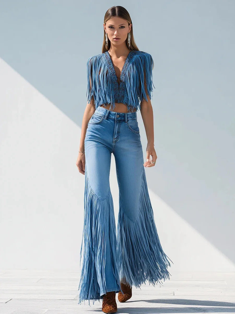 Dark Blue Loose Asymmetrical Tassel Denim Jeans For Women