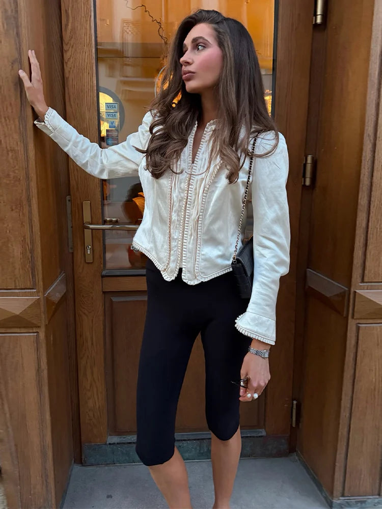 Chic Pleated Long Sleeve Button Detail Coat for Women