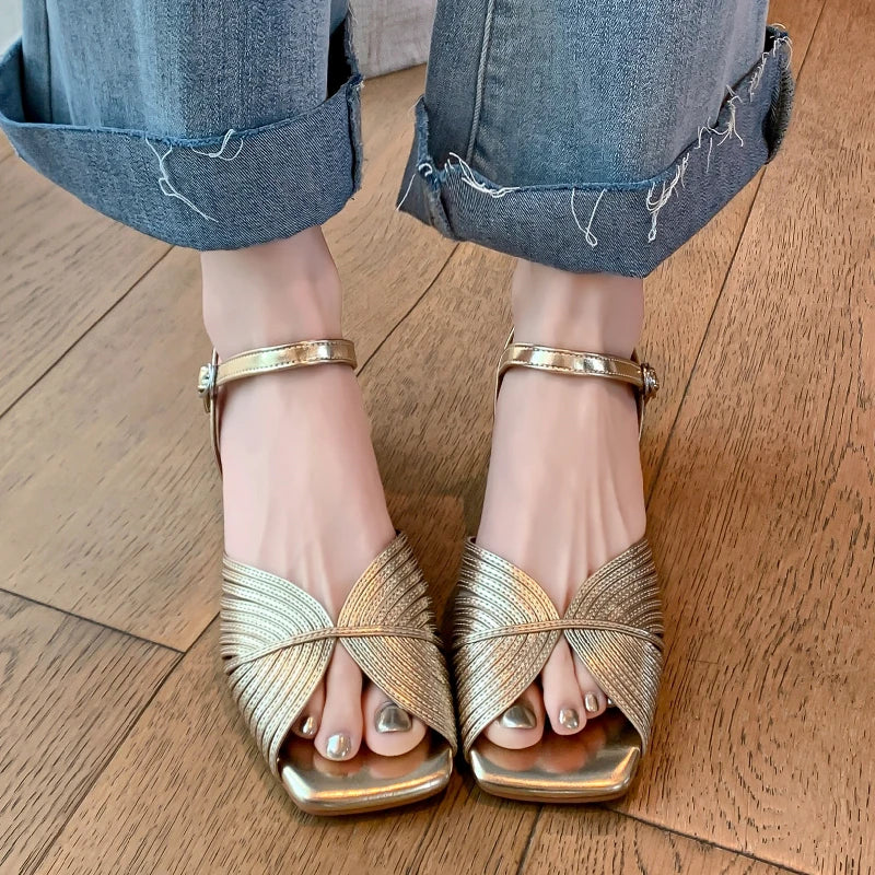 Leather Low Heel Peep Toe Sandals
