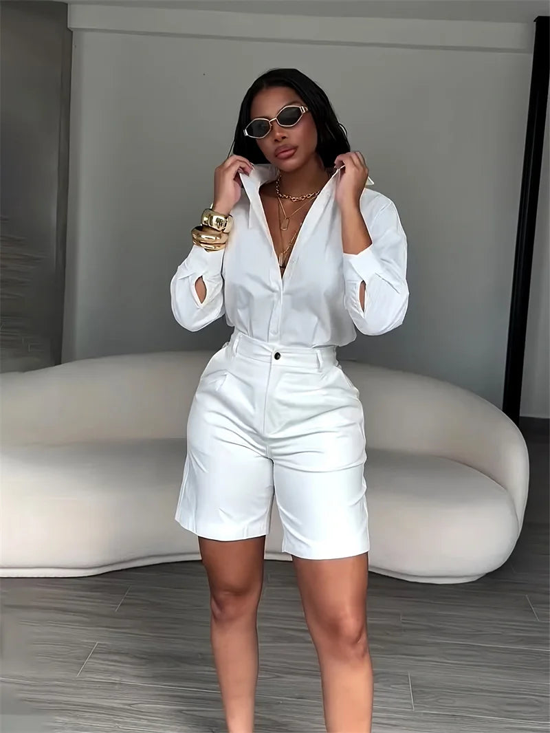 Solid Elegant Casual Long Sleeve Top and Shorts Two Piece Set for Women
