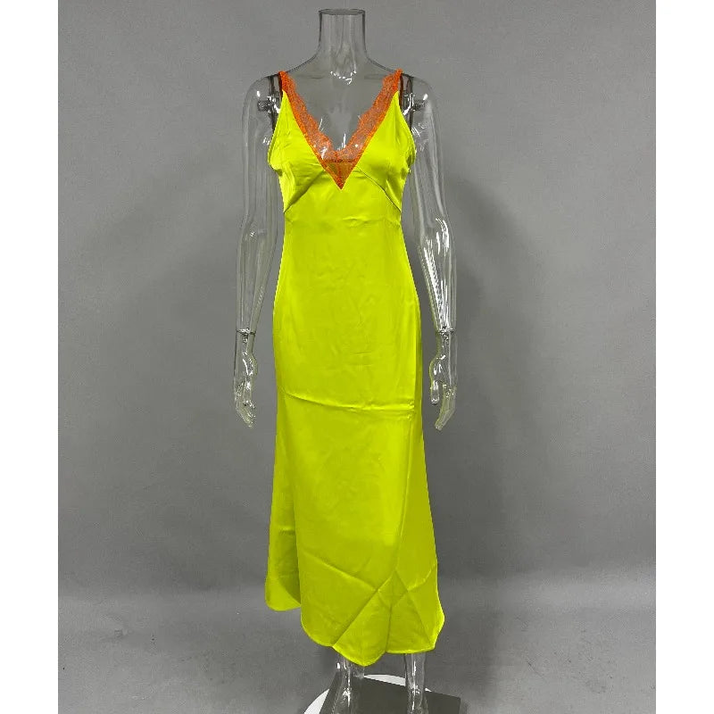 Lace Trim V-Neck Sleeveless Ankle Length Maxi Dress for Women