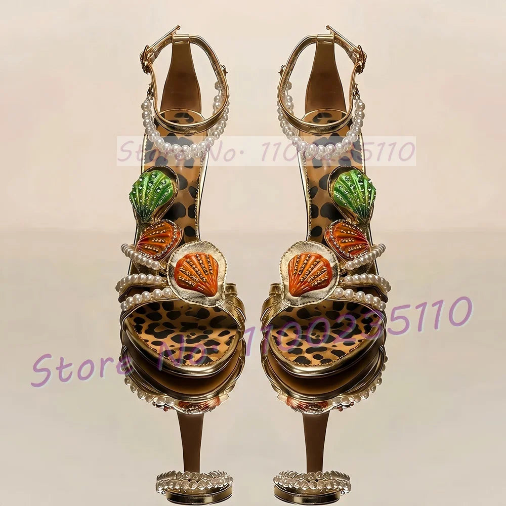 Light Gold Metallic Pearl Strap Sandals For Women