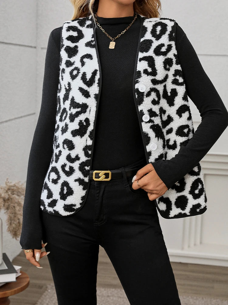 Women's French Autumn Clothing Leopard Print Teddy Vest Jacket Autumn Fashion Women's Jacket