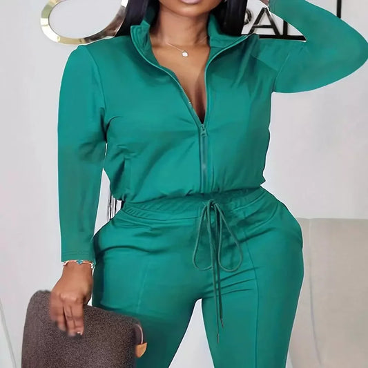 Elegant Jump Suits for Women New Fashion Zipper Design Drawstring Flared Long Sleeves Bodysuit Pants 2024 Autumn Winter Spring