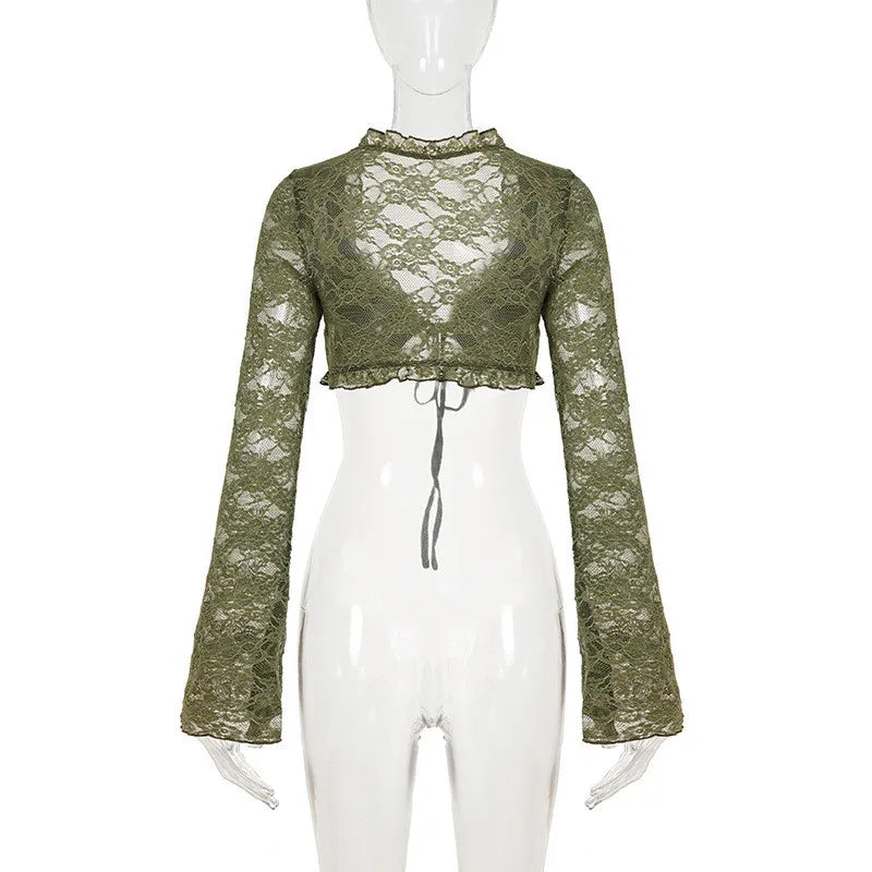 Green Sheer Lace V-Neck Flare Sleeve Top for Women