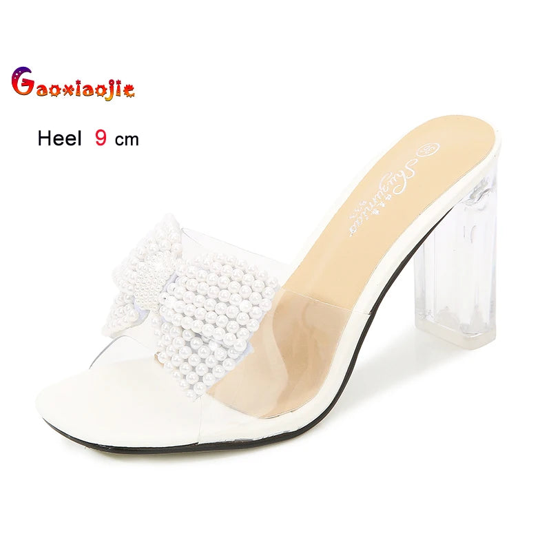 Pink Pearl Bow Design Clear Crystal High Heels for Women
