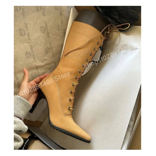 Khaki Front Lace-up Pointy Mid Calf Boots Sexy Runway Stiletto High Heel Elegant Fashion Women Shoes 2025 Autumn Para Mujere