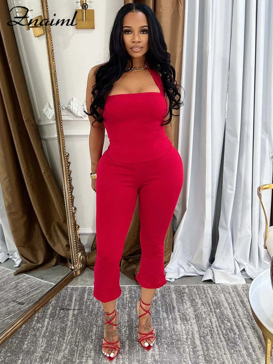 Znaiml Elegant Sleeveless Halter Crop Top and Pants Set Women 2 Pieces Outfits Sexy Night Club Birthday New In Matching Suits