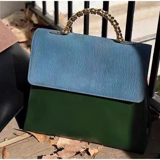 Brand Designer Small Square Bag Elegant Blue Green Stitching Fashion Trend Personality Texture Shoulder Bag Pu Leather Handbag
