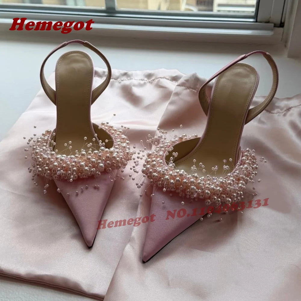 White Pearl Embellished Satin Slingback Pumps for Women