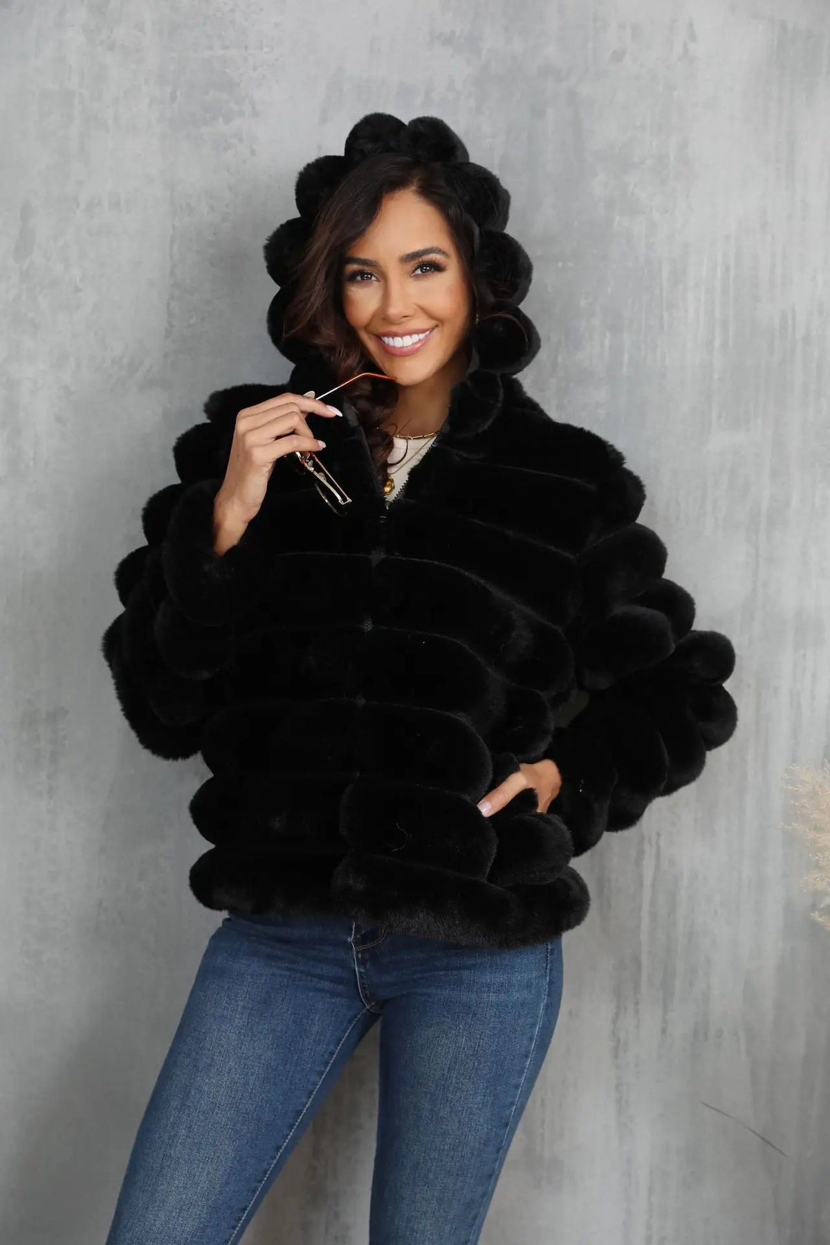 Warm Hooded Short Faux Fur Coat With Turn Down Collar for Women