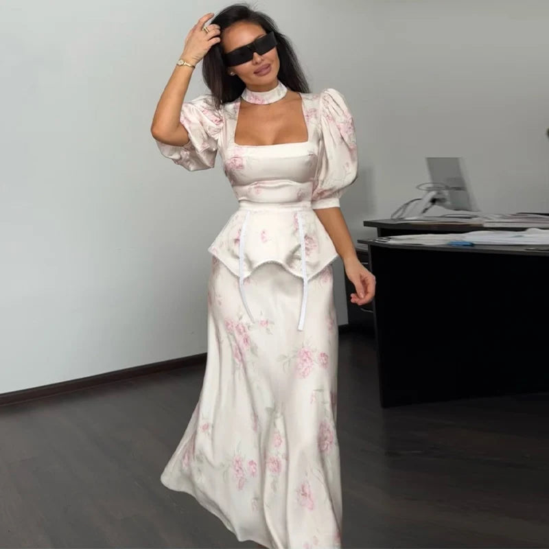 Floral Print Slim Top and Ruffle Skirt Set for Women