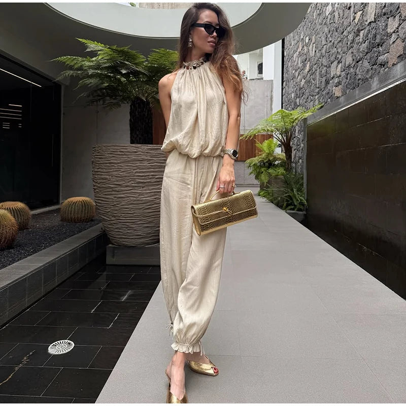 Beaded Halter Top And Lantern Pants Two Piece Set for Women