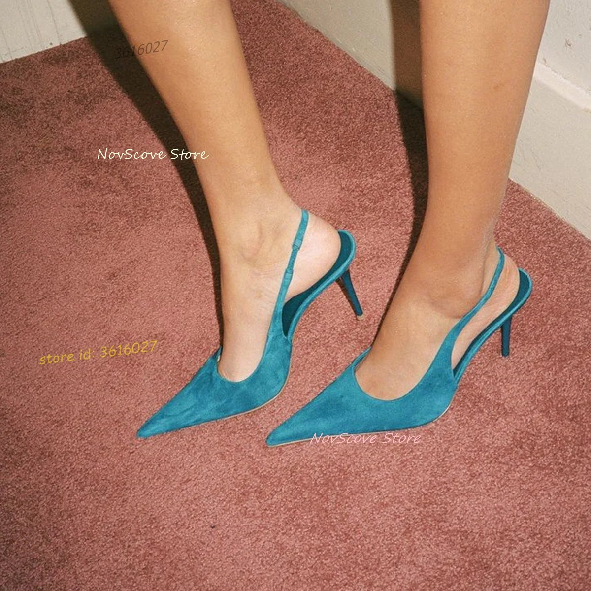 Blue Suede Pointy Toe Cutout Ankle Strap Pumps For Women