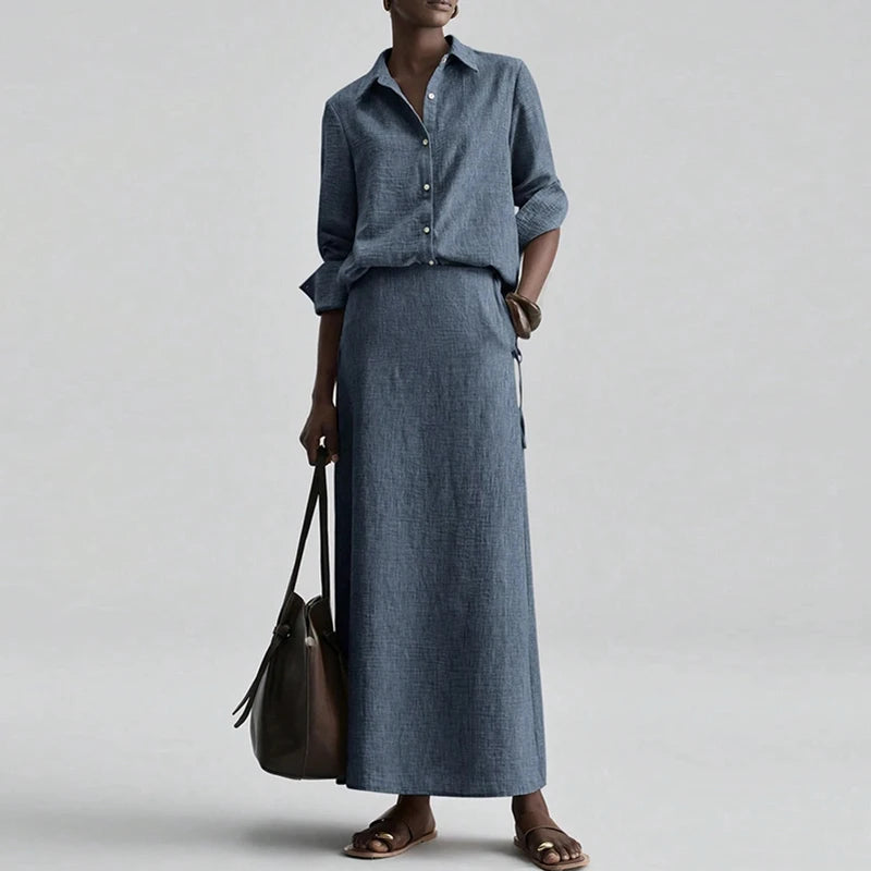 Loose Lapel Two Piece Shirt And Skirt Set for Women