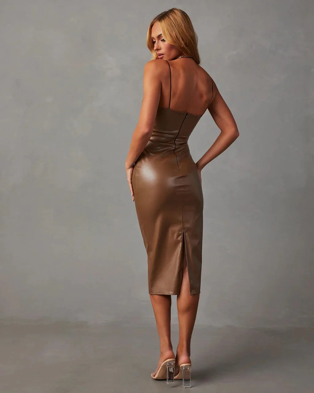 Slim Backless Faux Leather Mini Dress Spaghetti Straps for Women